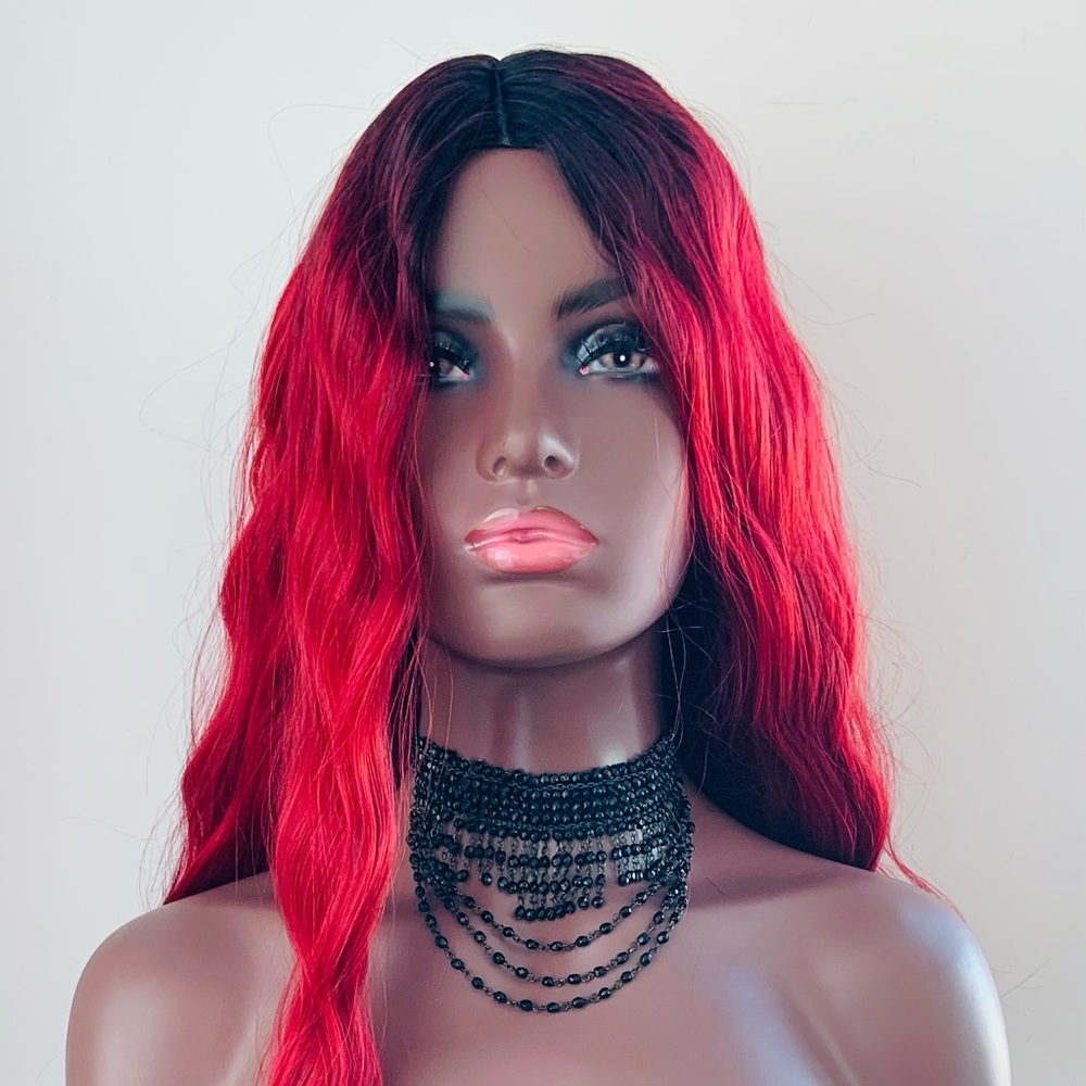 Long 34” Ombre Red Premium Fiber “Put On & Go” Wig for Daily Wear or Eve…